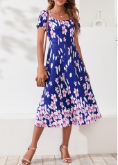 Floral Print Square Collar Navy Blue Dress