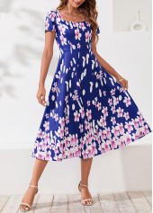 Floral Print Square Collar Navy Blue Dress