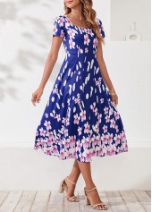 Floral Print Square Collar Navy Blue Dress