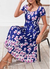 Floral Print Square Collar Navy Blue Dress