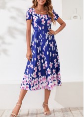 Floral Print Square Collar Navy Blue Dress