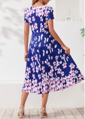 Floral Print Square Collar Navy Blue Dress