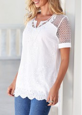 Split Neck Lace Stitching White Blouse