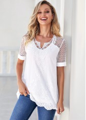 Split Neck Lace Stitching White Blouse