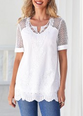 Split Neck Lace Stitching White Blouse