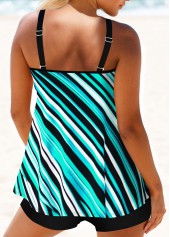Striped Double Straps Cyan Tankini Set