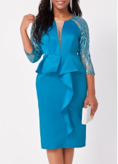 Peacock Blue Embroidered Ruffle Hem Dress