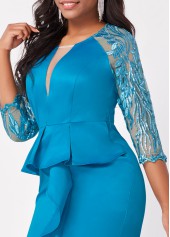 Peacock Blue Embroidered Ruffle Hem Dress