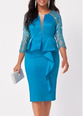 Peacock Blue Embroidered Ruffle Hem Dress