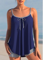 Striped Navy Blue Plus Size Bowknot Tankini Set