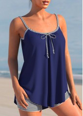 Striped Navy Blue Plus Size Bowknot Tankini Set