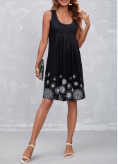 Floral Print Pleated Black A Line Sleeveless Dress