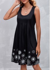 Floral Print Pleated Black A Line Sleeveless Dress