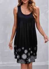 Floral Print Pleated Black A Line Sleeveless Dress