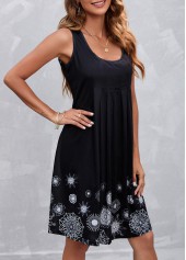 Floral Print Pleated Black A Line Sleeveless Dress