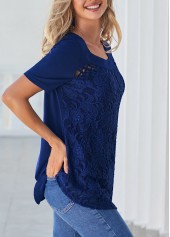 Navy Blue Cross Strap Lace Stitching T Shirt