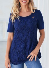 Navy Blue Cross Strap Lace Stitching T Shirt