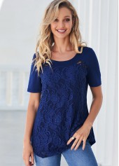 Navy Blue Cross Strap Lace Stitching T Shirt
