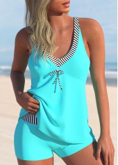 Stripe Print Bowknot Cyan Tankini Set