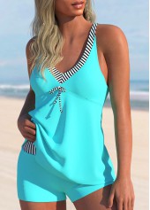 Stripe Print Bowknot Cyan Tankini Set