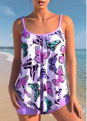 Butterfly Print Purple Spaghetti Strap Tankini Set