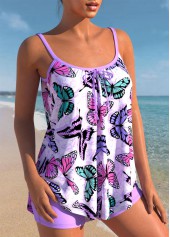 Butterfly Print Purple Spaghetti Strap Tankini Set