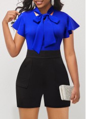 Tie Neck Color Block Ruffle Sleeve Romper