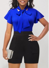 Tie Neck Color Block Ruffle Sleeve Romper