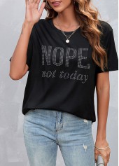 Black Hot Drilling Letter Design T Shirt