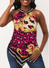 Leopard Rose Red Baroque Print Bib Neck Tank Top