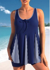 Bowknot Stripe Print Navy Blue Tankini Set