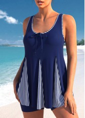 Bowknot Stripe Print Navy Blue Tankini Set