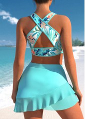 Tropical Print Cyan Cross Strap Bikini Set