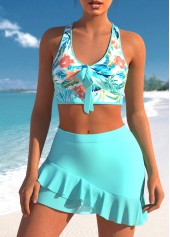Tropical Print Cyan Cross Strap Bikini Set