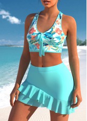 Tropical Print Cyan Cross Strap Bikini Set