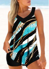 Gold Chain Print Color Block Tankini Set