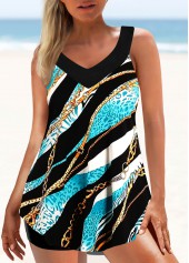 Gold Chain Print Color Block Tankini Set