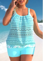 Cyan Plus Size Lace Stitching Leaf Print Tankini Set