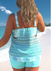 Cyan Plus Size Lace Stitching Leaf Print Tankini Set