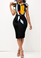 Geometric Print Black Tie Front Dress