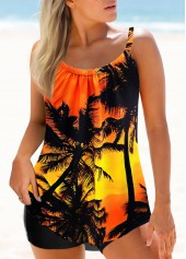 Contrast Scape Print Orange Tankini Top-No Bottom