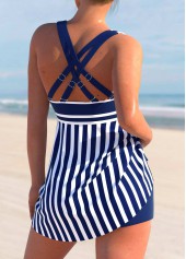 Cross Strap Striped Navy Blue Swimdress and Shorts