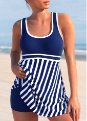 Cross Strap Striped Navy Blue Swimdress and Shorts