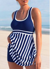 Cross Strap Striped Navy Blue Swimdress and Shorts