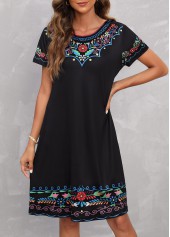 Black Tribal Print Round Neck Dress
