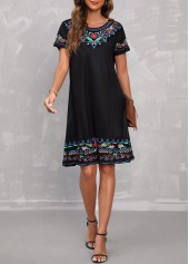 Black Tribal Print Round Neck Dress