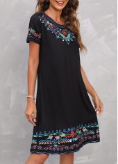 Black Tribal Print Round Neck Dress
