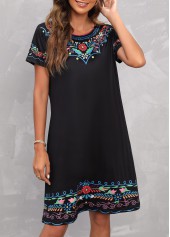 Black Tribal Print Round Neck Dress