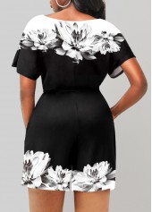Double Side Pockets Floral Print Black Romper