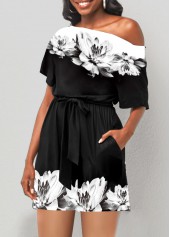Double Side Pockets Floral Print Black Romper